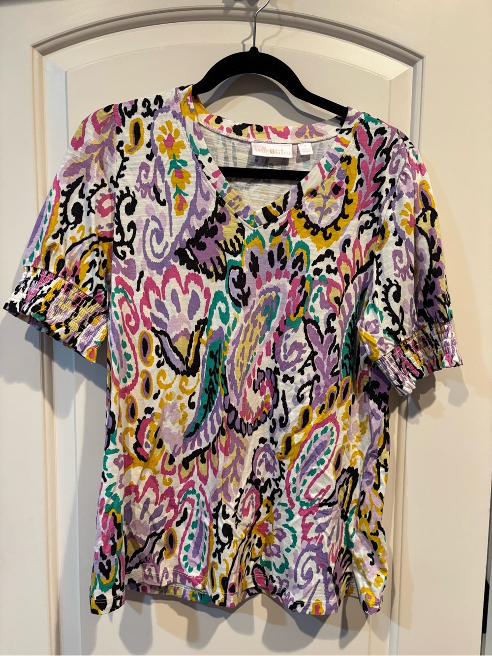 Belle by Kim Gravel Slub Knit Multi-Color Paisley  V-Neck Top - Lilac